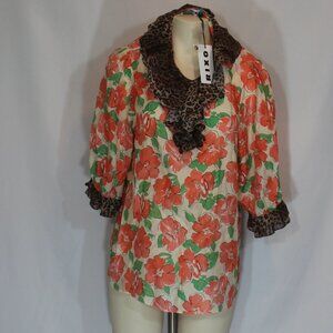 NWT Rixo floral leopard print  top 1/2  sleeve silk cotton woman size Large